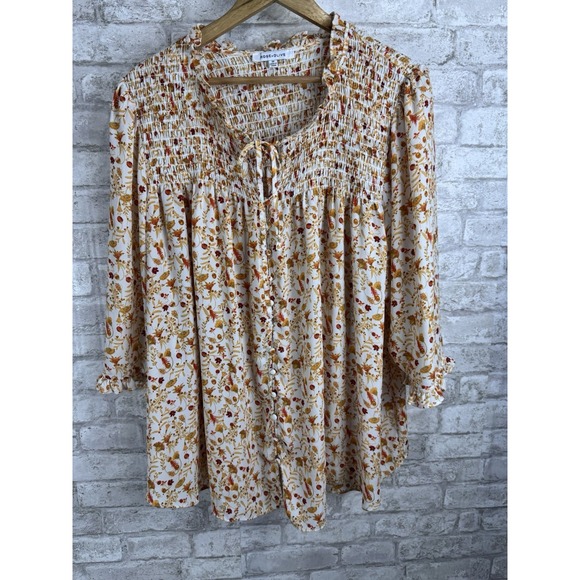 Rose + Olive Top Womens 2X Ivory Floral 3/4 Sleeve Pintuck Peasant Smocked Boho‎ - Picture 1 of 14